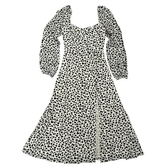 Reformation Shelby Dress Ocelot White Black Polka Dot Midi Slit Bustier Size 0